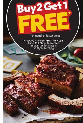Sobeys Nagano premium fresh pork loin hotel cut chop, tenderloin or back ribs offer
