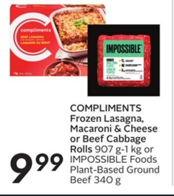 Sobeys Compliments frozen lasagna, macaroni & cheese or beef cabbage rolls offer