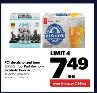 Real Canadian Superstore Pc® de-alcholized beer, 12x355 ml or partake non- alcoholic beer, 4x355 ml offer