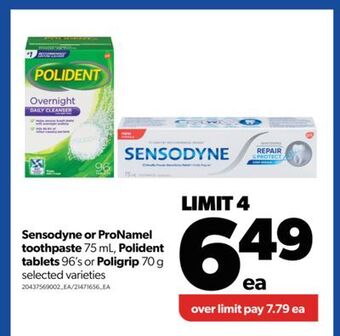 Real Canadian Superstore Sensodyne or pronamel toothpaste 75 ml, polident tablets 96's or poligrip 70 g offer