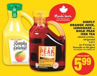 No Frills Simply orange juice, lemonade or gold peak iced tea, 2.63 l offer