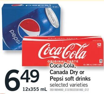 Fortinos Coca-cola, canada dry or pepsi soft drinks, 12x355 ml offer