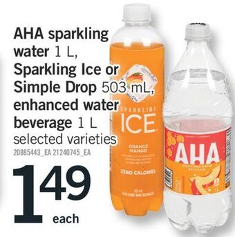 Fortinos Aha sparkling water 1 l, sparkling ice or simple drop 503 ml, enhanced water beverage 1 l offer