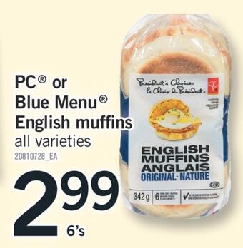 Fortinos Pc® or blue menu® english muffins, 6's offer