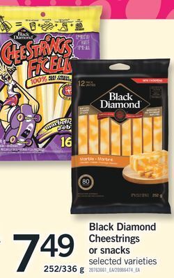 Fortinos Black diamond cheestrings or snacks, 252/336 g offer