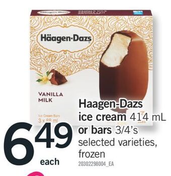 Fortinos Haagen-dazs ice cream, 414 ml or bars, 3/4's offer