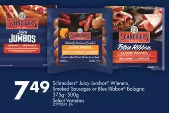 Fortinos Schneiders® juicy jumbos® wieners, smoked sausages or blue ribbon® bologna, 375g–500g offer
