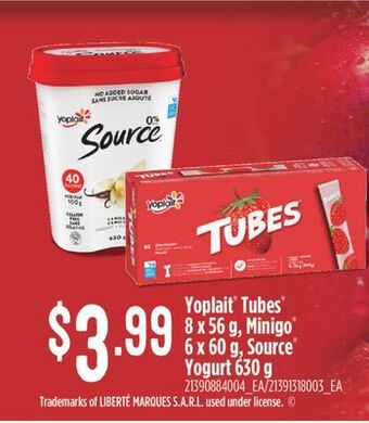 Fortinos Yoplait® tubes®, 8 x 56 g, minigo®, 6 x 60 g, source® yogurt, 630 g offer