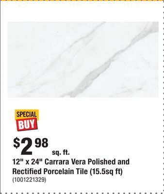 Home Depot 12 x 24 carrara vera polished and rectified porcelain tile (15.5sq ft) offer