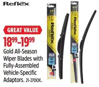 Canadian Tire Reflex gold all-season wiper blades with fully-assembled vehicle-specific adaptors offer
