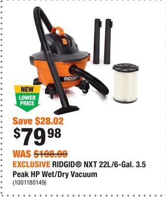 Home Depot Exclusive ridgid® nxt 22l/6-gal. 3.5 peak hp wet/dry vacuum offer