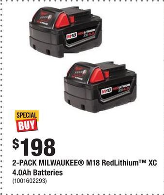 Home Depot 2-pack milwaukee® m18 redlithium™ xc 4.0ah batteries offer