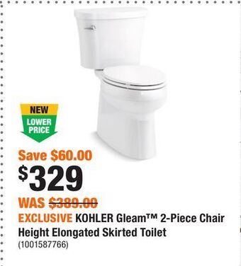 Home Depot Exclusive kohler gleam™ 2-piece chair height elongated skirted toilet offer