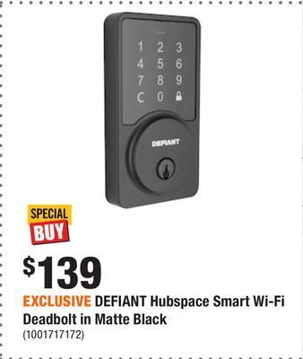 Home Depot Exclusive defiant hubspace smart wi-fi deadbolt in matte black offer