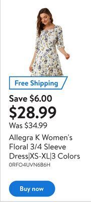Walmart Allegra k women's floral 3/4 sleeve dress|xs-xl|3 colors offer