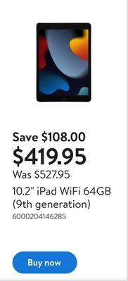 Walmart 10.2 ipad wifi 64gb (9th generation) offer