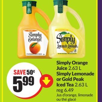 Chalo FreshCo Simply orange juice 2.63 l simply lemonade or gold peak iced tea 2.63 l offer