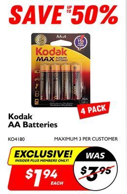 Factory Direct Kodak 4 pack aa batteries offer