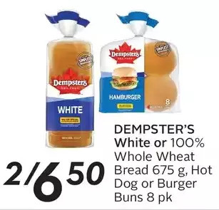 Sobeys Dempster's white or 100% whole wheat bread, hot dog or burger buns offer