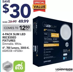 Lowe's Leadvision 4-pack slim led recessed fixtures offer