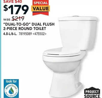 Lowe's Project source dual-to-go dual flush 2-piece round toilet offer