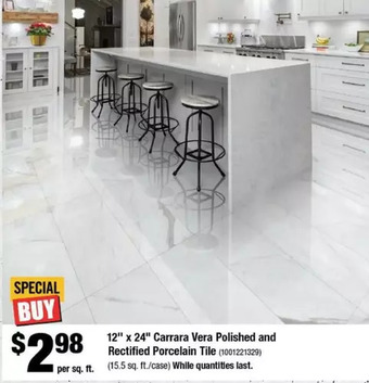 Home Depot 12 x 24 carrara vera polished and rectified porcelain tile offer