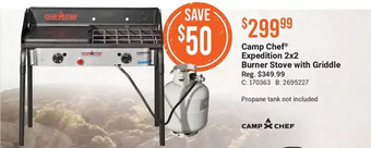 Cabela's Camp chef expedition 2x2 burner stove with griddle offer