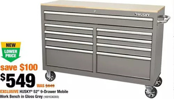 Home Depot Husky 52 9-drawer mobile work bench in gloss grey offer