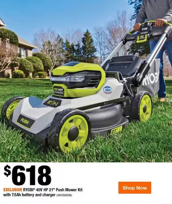 Home Depot Ryobi 40v hp 21 push mower kit with 7.5ah battery and charger offer