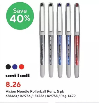 Staples Uni-ball vision needle rollerball pens offer