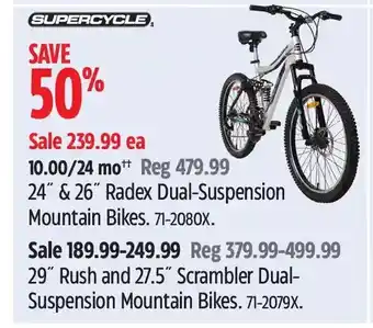 Canadian Tire Supercycle 24 & 26 radex dual-suspension mountain bikes | 29 rush and 27.5 scrambler dual-suspension mountain bikes offer
