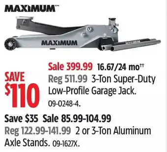 Canadian Tire Maximum 3-ton super-duty low-profile garage jack | 2 or 3-ton aluminum axle stands offer