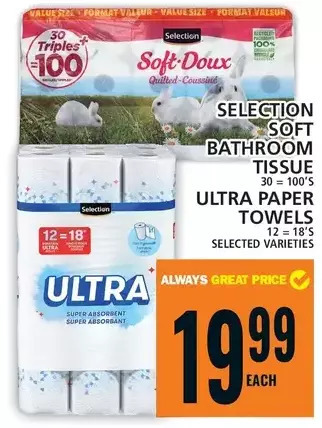 Food Basics Selection soft bathroom tissue, ultra paper towels offer