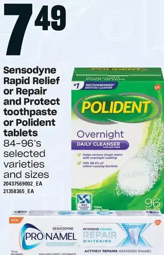 Loblaws Sensodyne rapid relief or repair and protect toothpaste, polident tablets offer
