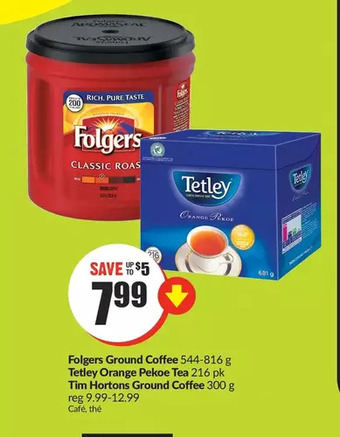 FreshCo Folgers ground coffee | tetley orange pekoe tea | tim hortons ground coffee offer