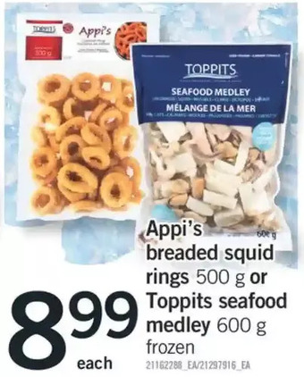 Fortinos Appi's breaded squid rings or toppits seafood medley offer