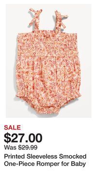 Old Navy Printed sleeveless smocked one-piece romper for baby offer