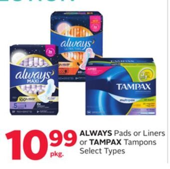 Rexall Always pads or liners or tampax tampons offer
