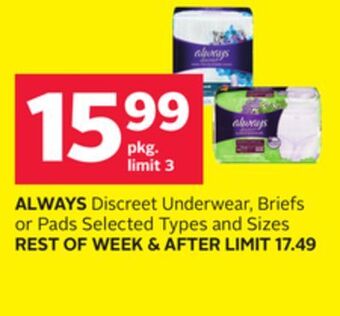 Rexall Always discreet underwear, briefs or pads offer