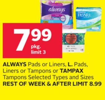 Rexall Always pads or liners, l. pads, liners or tampons or tampax tampons offer