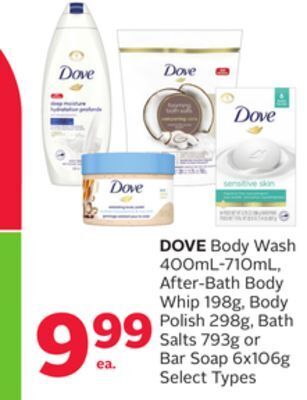Rexall Dove body wash 400ml-710ml, after-bath body whip 198g, body polish 298g, bath salts 793g or bar soap 6x106g offer