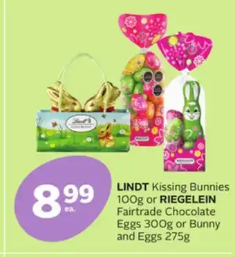 Rexall Lindt kissing bunnies 100g or riegelein fairtrade chocolate eggs 300g or bunny and eggs 275g offer