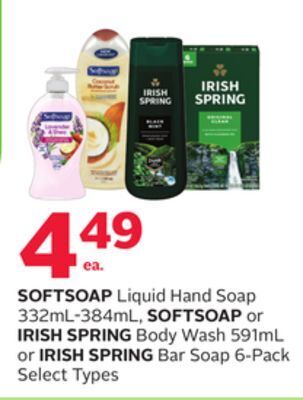 Rexall Softsoap liquid hand soap 332ml-384ml, softsoap or irish spring body wash 591ml or irish spring bar soap 6-pack offer