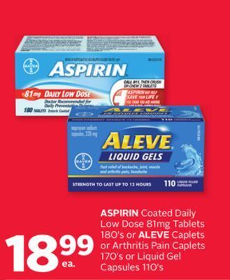 Rexall Aspirin coated daily low dose 81mg tablets 180' s or aleve caplets or arthritis pain caplets 170' s or liquid gel capsules 11 offer