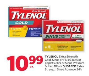 Rexall Tylenol extra strength cold, sinus or flu eztabs or caplets 20' s or sinus pressure & pain 18' s or sudafed extra strength si offer