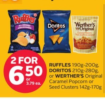 Rexall Ruffles 190g-200g, doritos 210g-280g, or werther's original caramel popcorn or seed clusters 142g-170g offer