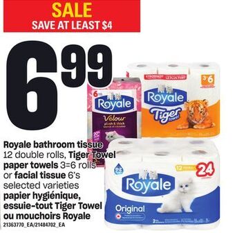 Independent City Market Papier hygiénique, 12 double rolls essuie-tout tiger towel, 3=6 rolls ou mouchoirs royale, 6's offer