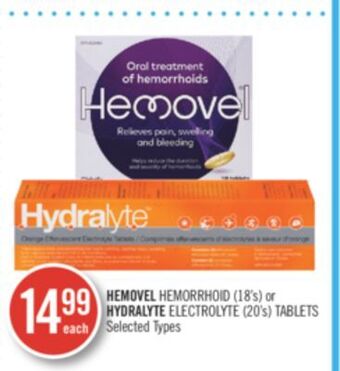 Shoppers Drug Mart Hemovel hemorrhoid (18's) or hydralyte electrolyte (20's), tablets offer