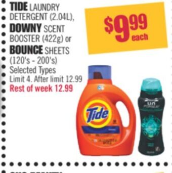 Shoppers Drug Mart Tide laundry detergent (2.04l) downy scent booster (422g) or bounce sheets (120's-200's) offer