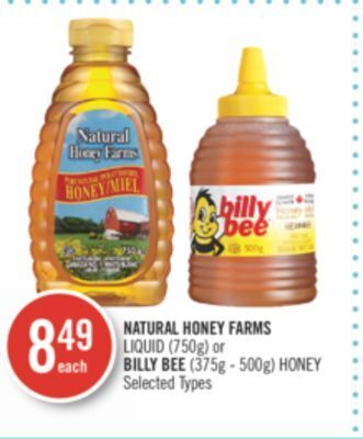 Shoppers Drug Mart Natural honey farms liquid (750g) or billy bee (375g - 500g) honey offer
